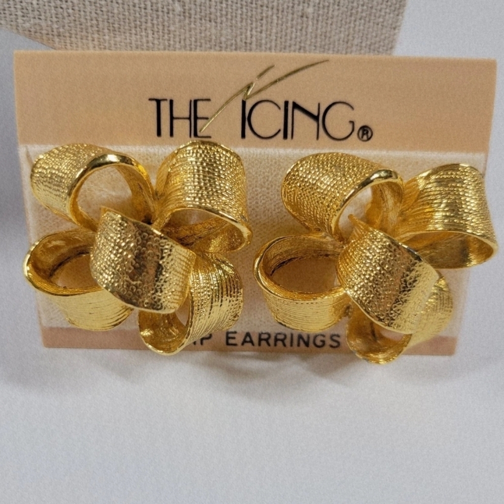 80s The Icing Large Gold Tone Bow CLIP ON Earrings New